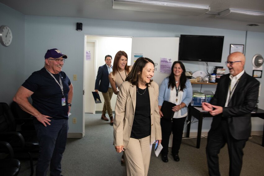 Sen. Maria Cantwell walks into a treatment room at Cascade Community Healthcare in Chehalis on Thursday, Aug. 8.