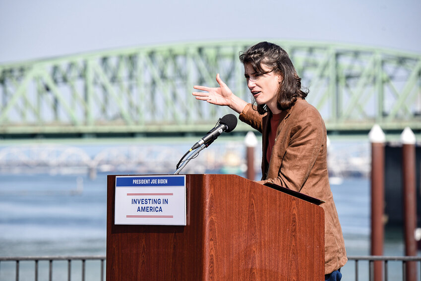 U.S. District Three Rep. Marie Gluesenkamp Perez, D-Skamania, celebrates the $1.499 billion federal grant secured to replace the Interstate 5 bridge at Hayden Island last week. She met with Secretary of Transportation Pete Buttigieg at the bridge in February to discuss the importance of improving both its traffic and safety features.