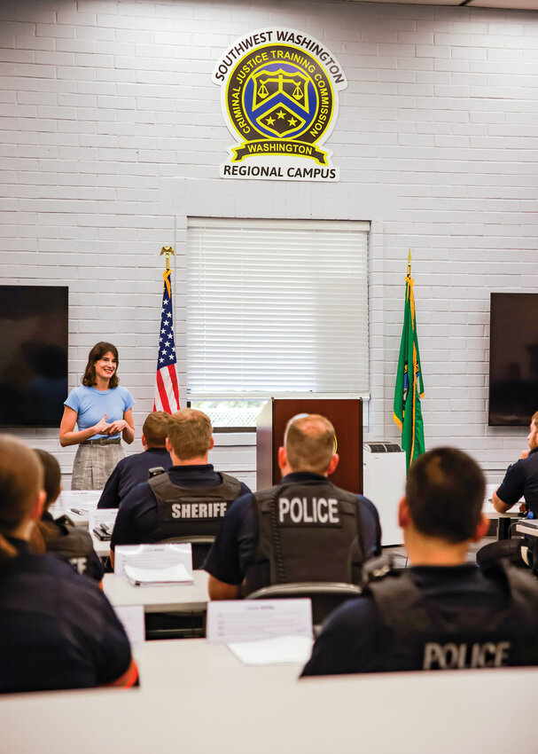 Washington Third District Rep. Marie Gluesenkamp Perez, D-Skamania, speaks to recruits in the basic law enforcement academy during a tour of the Washington State Criminal Justice Training Commision (WSCJTC) southwest Washington regional law enforcement training academy in Vancouver on Wednesday, Aug. 7.