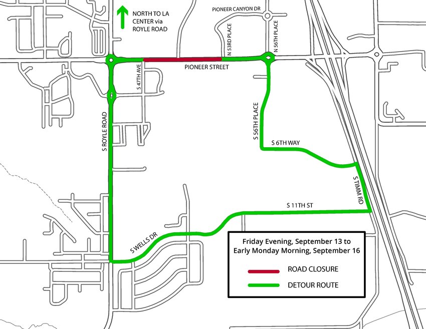 Pioneer Street will be closed from Friday evening, Sept. 13, to Monday morning, Sept. 16, from South 47th Avenue to North 53rd Place. Drivers from the Interstate 5 overpass must take a detour route to reach west Ridgefield.