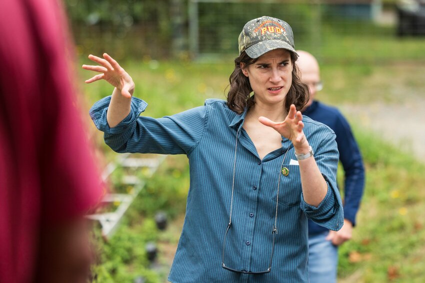 Congresswoman Marie Gluesenkamp Perez asks a question at Raintree Nursery on a Lewis County Farm Bureau Tour on Wednesday, Aug. 14, 2024.