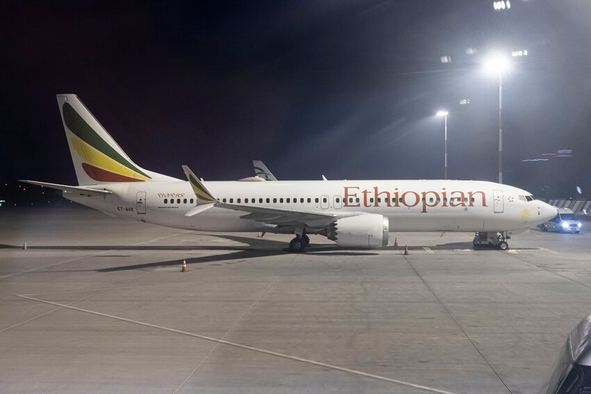 January 5, 2023, Athens, Greece: Ethiopian Airlines Boeing 737 MAX8 aircraft as seen parked on the tarmac during the night in Athens before crew and passengers are boarding for departure to Addis Ababa Bole airport in Ethiopia. The modern Boeing 737MAX airplane has the registration ET-AVK and is powered by 2x CFMI jet engines. Ethiopian Airlines is the flag carrier of Ethiopia owned by the local government. The airline is the largest in Africa, the world's 4th largest by number of countries served and member of Star Alliance aviation group.  On March 10, 2019 Ethiopian Airlines Flight 302, a new Boeing 737 MAX 8 passenger jet crashed shortly after takeoff from Addis Abba killing all the passengers on board. Athens, Greece on January 2023  (Credit Image: &copy; Nicolas Economou/NurPhoto via ZUMA Press)