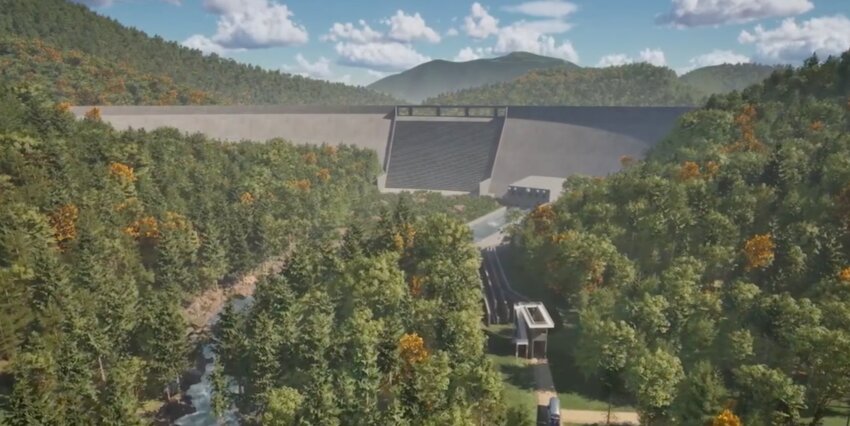 This rendering of the proposed Chehalis River water retention facility near Pe Ell was provided as part of a video created by the Chehalis River Flood Control District.