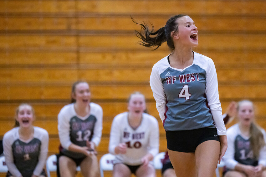 W.F. West's Emily Stajduhar reacts to a play during a volleyball game at W.F. West High School on Thursday, Sept. 5.