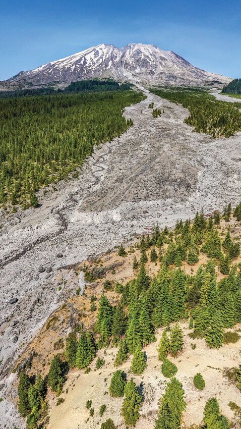 This 1980 mudflow leading the V-notch of the southern side of Mount St. Helens, known as a lahar, is visible from the National Forest Service Road 83&rsquo;s bridge near the Ape and Lava canyons trailheads at the Mount St. Helens National Volcanic Monument.