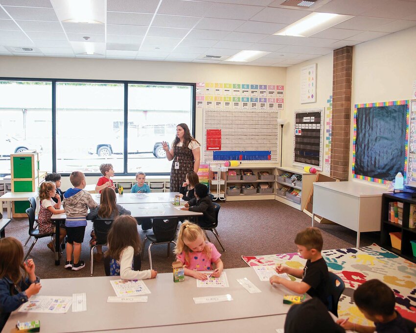 A brick post on the east end of Pleasant Valley Primary school kindergarten teacher Madison Henderson’s classroom shows one of many signs of the prior play structure the Battle Ground Public Schools district utilized to create three new classrooms at the district’s southernmost school.