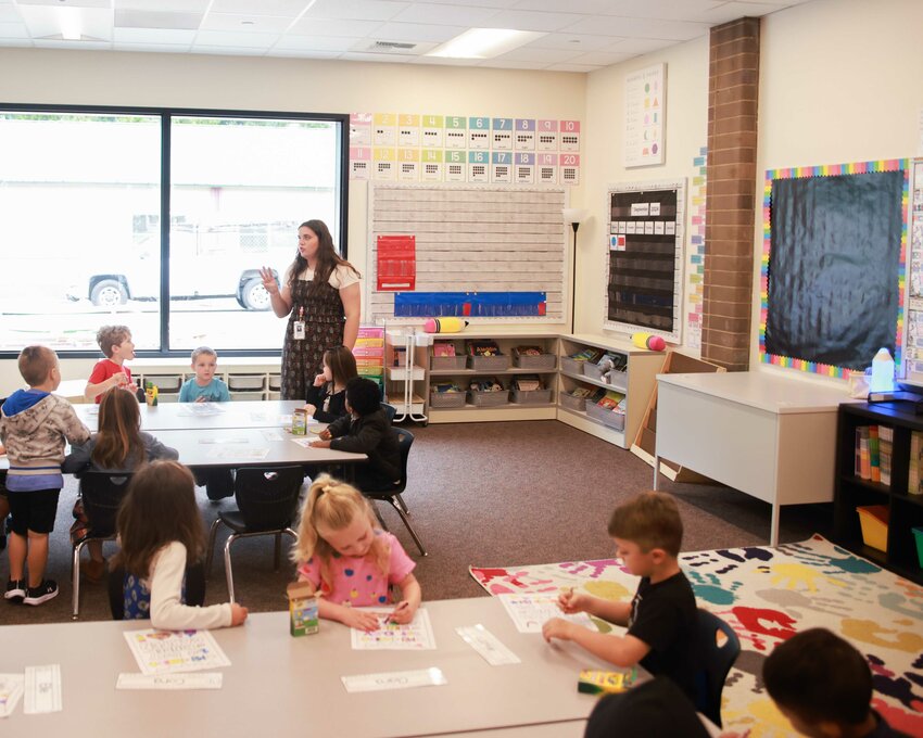 A brick post on the east end of Pleasant Valley Primary school kindergarten teacher Madison Henderson’s classroom shows one of many signs of the prior play structure the Battle Ground Public Schools district utilized to create three new classrooms at the district’s southernmost school.