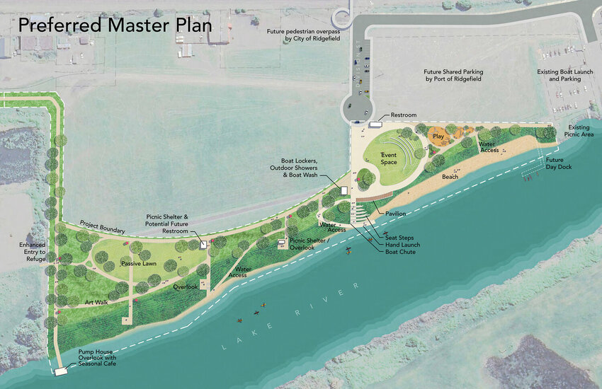 A proposed Ridgefield Waterfront Park concept divides the area into two zones — one for events and active recreation and another for walking and enjoying the natural scenery. During a Sept. 12 City Council meeting, councilors expressed concerns that kayak boat launch users would have to walk further, making the water less accessible through the park.