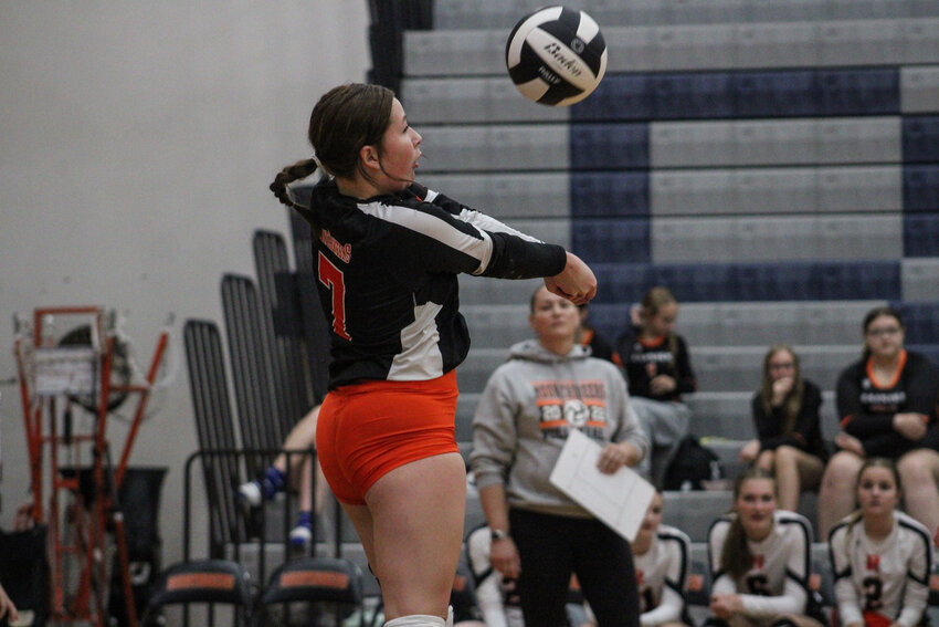 Katelyn Eckroth smiles after Rainier scores a point against Hoquiam on Sept. 17.