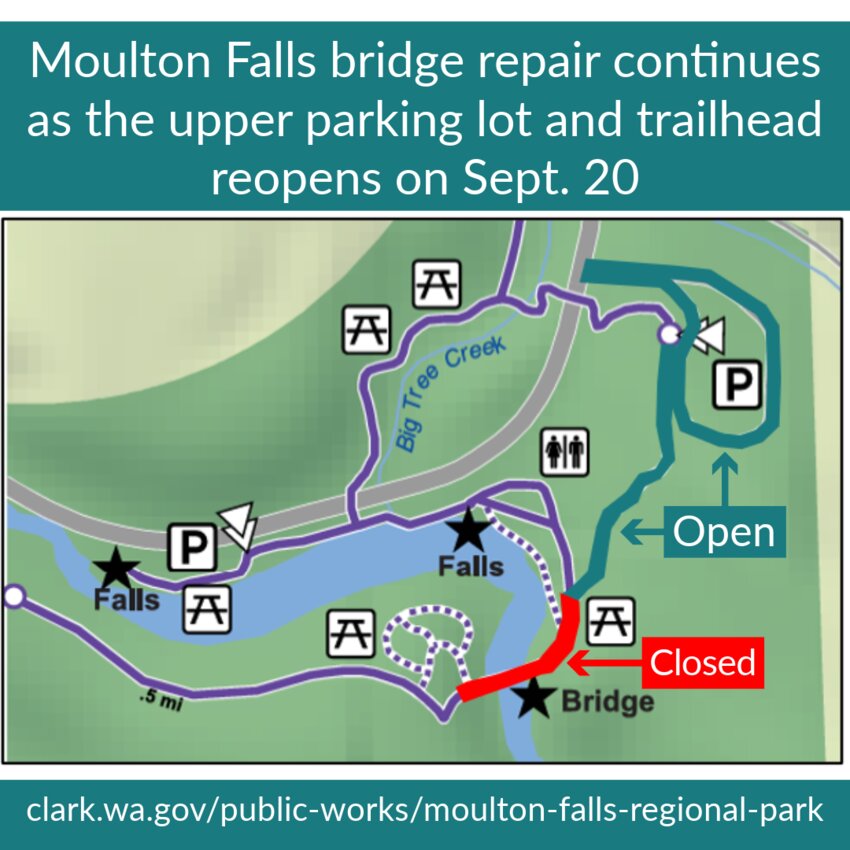 The upper parking lot and trailhead at Moulton Falls Regional Park have reopened to hikers, but the bridge will remain closed until repairs and preservation are finished.