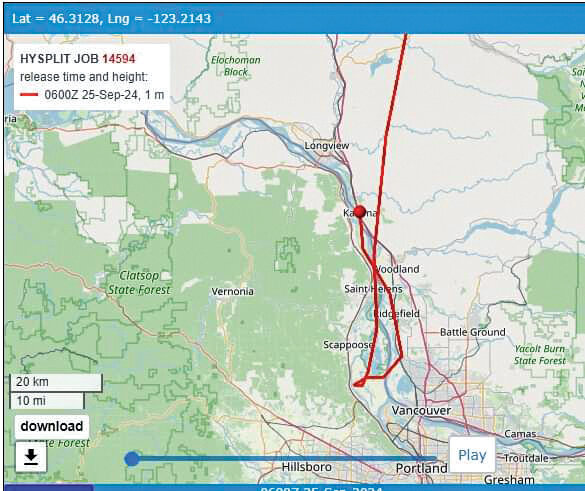 The strange, putrid smell overnight between Tuesday, Sept. 24, and Wednesday, Sept. 25, throughout the region was tracked by the National Weather Service of Portland with wind patterns. The smell originated in Cowlitz County before burning the nostrils of Clark County residents but was also reported throughout the Portland area and north to Centralia and Chehalis