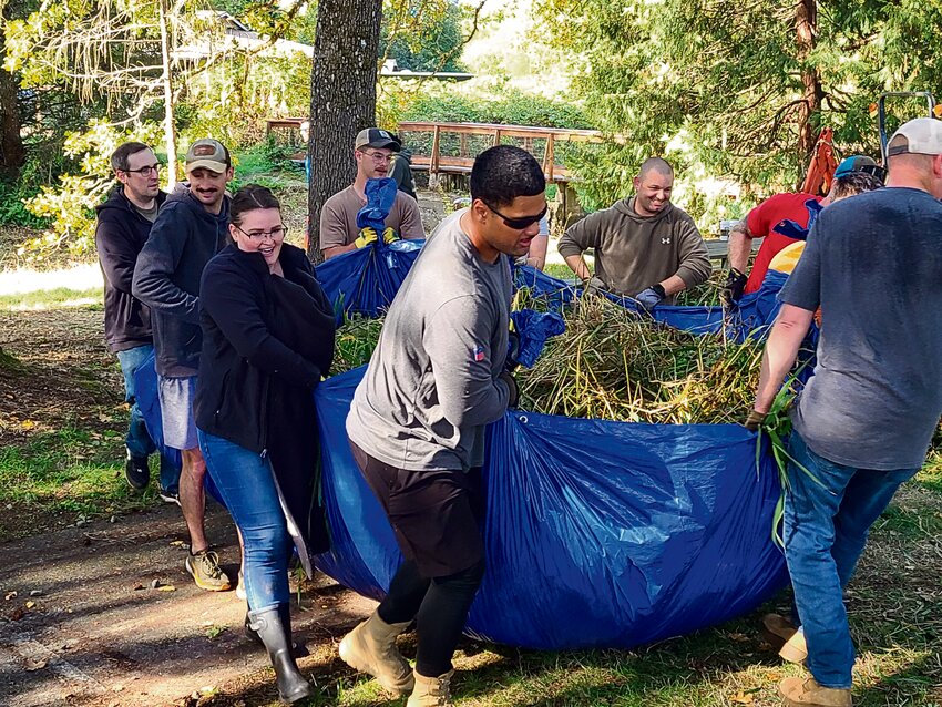 Volunteers, including Roy Mayor Kimber Ivy, center left, help lift a large roll of invasive canary grass from Muck Creek on Sept. 29.