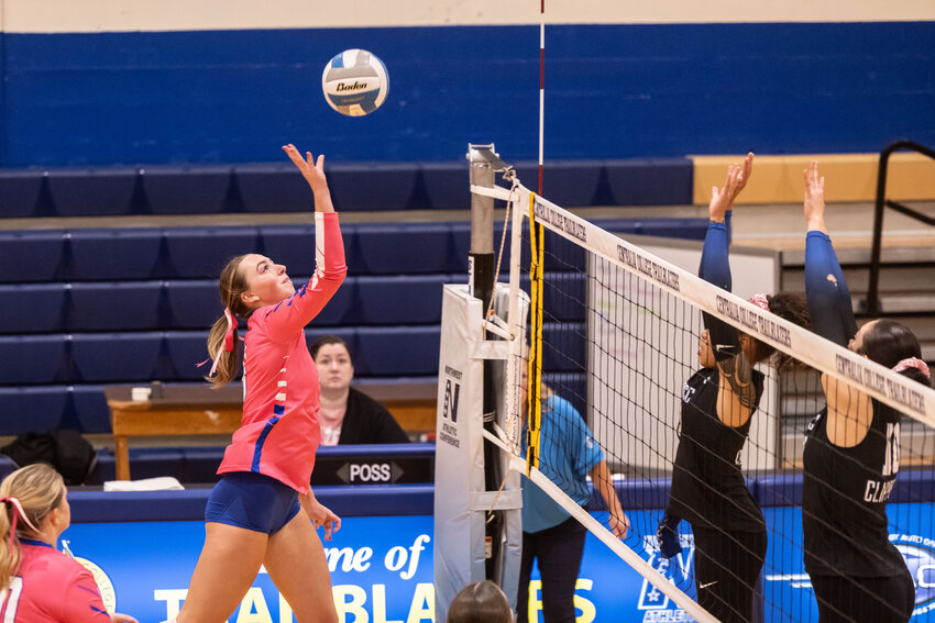 Centralia&rsquo;s Morgan Rogerson hits the ball during a volleyball game against South Puget Sound at Centralia College on Wednesday, Oct. 2.