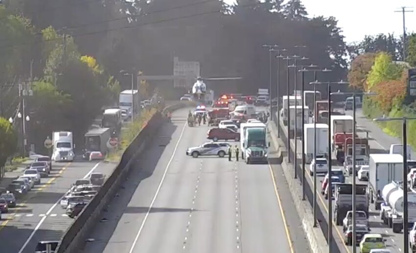 All northbound I-5 lanes were blocked in Tumwater while emergency crews responded to a collision Wednesday morning. Life Flight landed on the freeway to take a Tenino man to Harborview Medical Center for treatment.