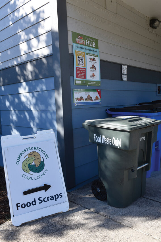 A We Compost Community Hub bin stands ready for food waste dropoff at St. Andrew Lutheran Church, located at 5607 NE Gher Road, Vancouver. The bin is part of a countywide effort to divert organic materials from landfills, turning food waste into nutrient-rich compost.