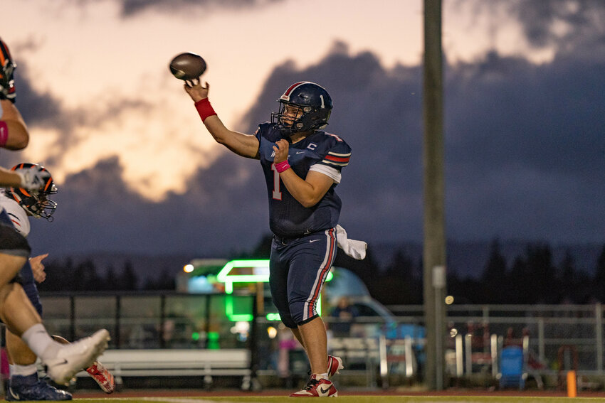 Black Hills&rsquo; Jaxsen Beck throws a pass during a 48-20 Black Hills win over Centralia at Tumwater District Stadium on Friday, Oct. 4.