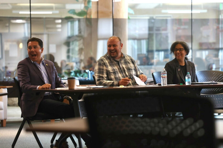 From left, EPA Regional Administrator Casey Sixkiller, Nisqually Tribal Administrator Dave Iyall and U.S. Rep. Marilyn Strickland speak about the new $5.4 million EPA grant for the Nisqually Indian Tribe’s funded projects at the Nisqually Administration building on Tuesday, Oct. 8.