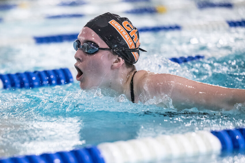 Centralia&rsquo;s Chloe Hansen takes a breath during a swim meet at Thorbeckes Wellness Center in Centralia on Tuesday, Oct. 8.