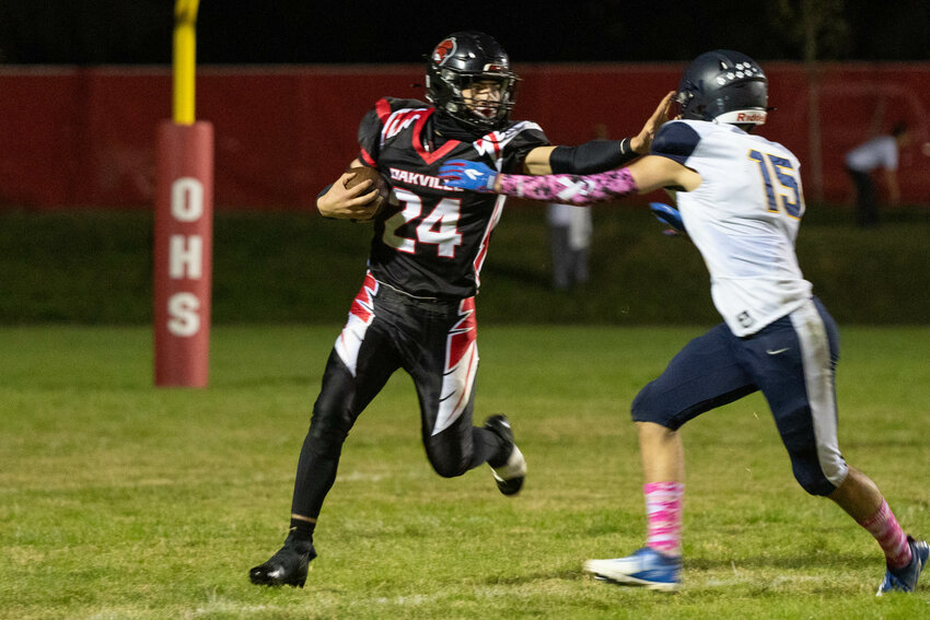 Oakville&rsquo;s Benjamin Kimbrel runs down field during the Acorn&rsquo;s 56-42 win over Sound Christian Academy on Thursday, Oct. 10.