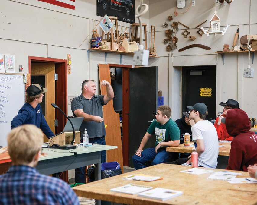 Students in the construction trades classes at La Center High School are continuing their work from last school year constructing sheds.