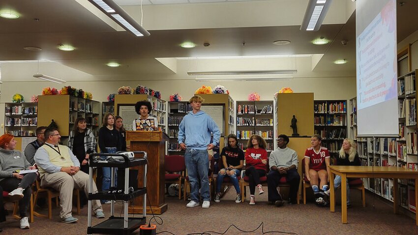 Yelm High School students present at the Yelm Community Schools Board of Directors study session on Oct. 10.