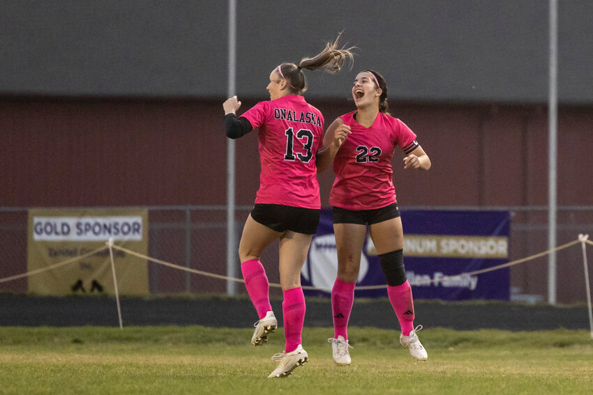 Onalaska&rsquo;s Randi Haight and Kaiyah Sandridge celebrate a goal during a high school soccer game at Onalaska High School on Wednesday, Oct. 16.