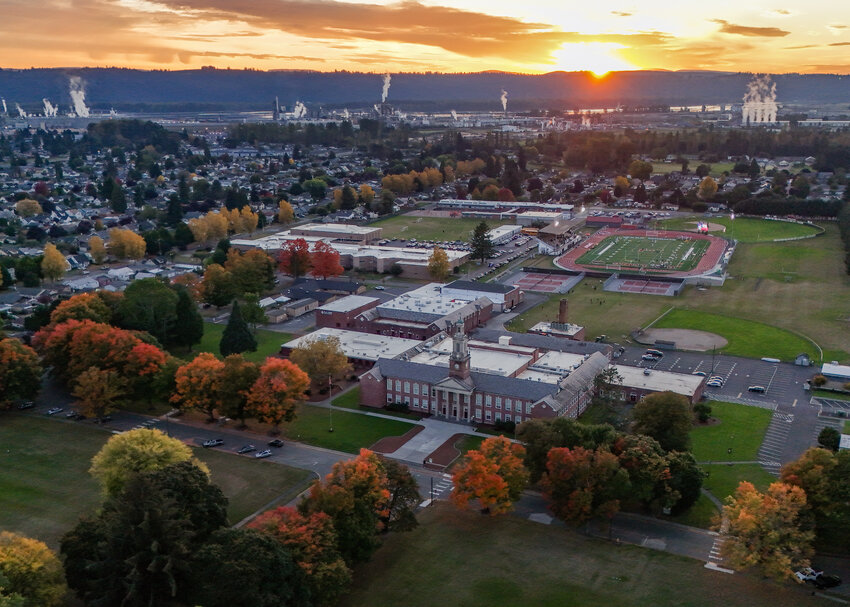 The steam of numerous mills in Longview are seen in the distance from R.A. Long High School. The Washington Department of Ecology is investigating the WestRock paper mill in Longview as a possible culprit of the pungent mystery odor from September.