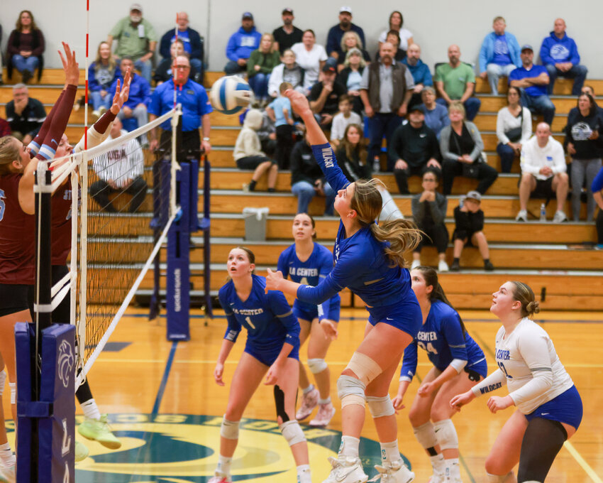 La Center&rsquo;s Esther Langeliers goes for the power slam to finish a fourth set rally en route to the Wildcats&rsquo; 3-1 victory over the Stevenson Bulldogs on Thursday, Oct. 17.