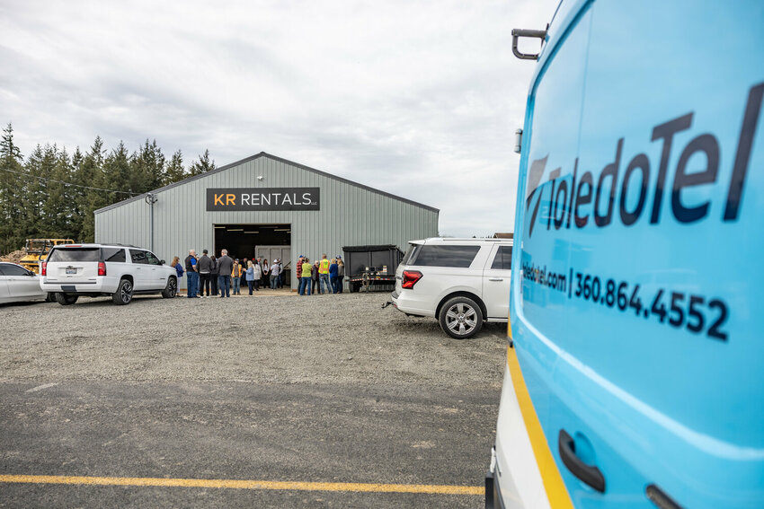 A ToledoTel truck sits outside the meeting to install the first connection at KR Rentals in Winlock on Friday, May 3. Lewis County and ToledoTel are carrying out a joint project to expand internet services in Winlock and surrounding areas.