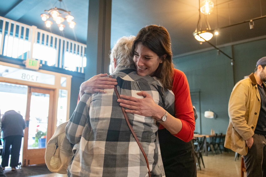 U.S. Rep Marie Gluesenkamp Perez hugs a supporter after her &ldquo;Mocha with Marie&rdquo; event held at The Station Powered by Lewis County Coffee Co. in Centralia on Friday, Oct. 25.