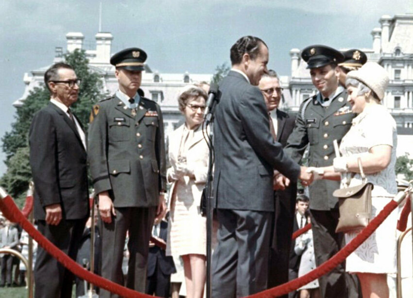 President Richard Nixon greets Thomas J. &ldquo;Jim&rdquo; Kinsman during his Medal of Honor ceremony in 1969. At 9 a.m. on Friday, Nov. 8, members of the Onalaska High School National Honor Society will host the school&rsquo;s Veterans Day assembly inside the school&rsquo;s gymnasium located at 540 Carlisle Ave. in Onalaska. During the ceremony, family members of U.S. Army Specialist Fourth Class Thomas Kinsman will be presented with a plaque honoring him. Kinsman, an Onalaska High School graduate, was awarded the Medal of Honor in 1969 after he jumped on a grenade while on patrol near Vinh Long, Vietnam, in 1968. He survived and ended up moving back to Toledo, where he lived until he died in 2017. Veterans, their families and friends are all invited to attend.
