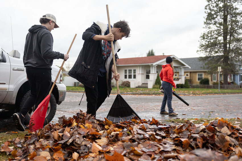 Centralia High School students and staff rake leaves during a Rake and Run community service event in Centralia on Wednesday, Nov. 20.