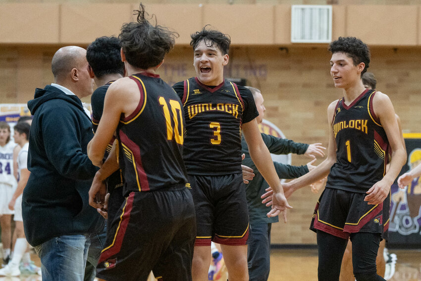 Winlock&rsquo;s Landen Cline (3) celebrates after the Cardinals&rsquo; 49-48 win over Onalaska on Thursday, Dec. 12.