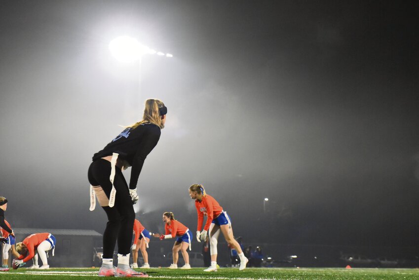 TSD high school girls flag football defender Sage Rough watches the Graham-Kapowsin offense pre-snap on Wednesday, Dec. 18.