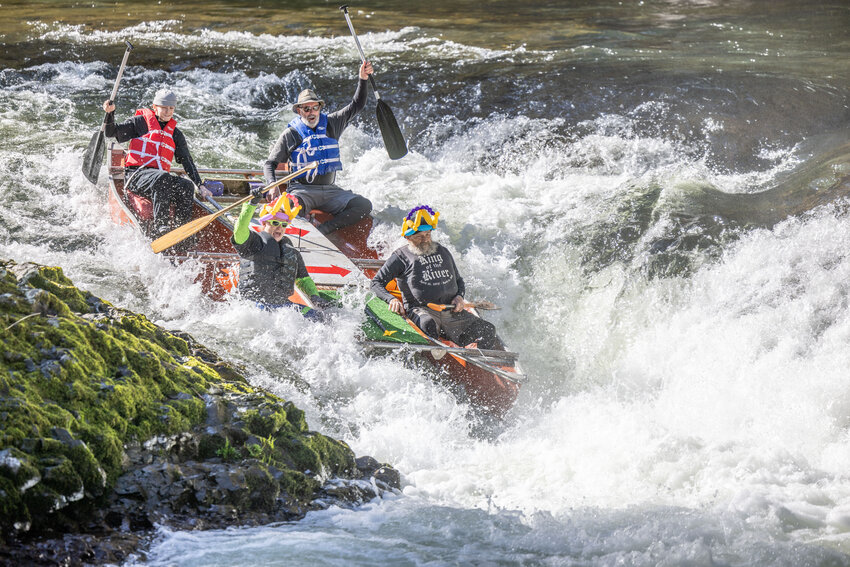 River runners go down Rainbow Falls at Rainbow Falls State Park during the Pe Ell River Run on the Chehalis River on Saturday, April 13.