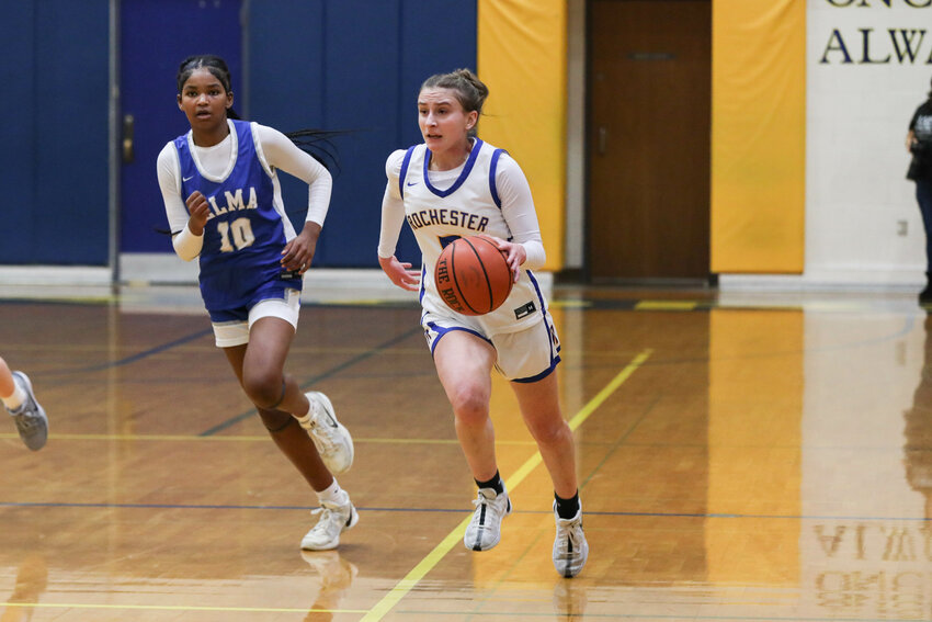 Rochester's Lizzie Hoover sprints up the floor during Rochester's loss to Elma on Jan. 2.