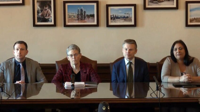 From left to right, Rep. Joe Fitzgibbon, D-Seattle, Rep. Laurie Jinkins, D-Tacoma, Sen. Jamie Pedersen, D-Seattle, Sen. Manka Dhingra, D-Redmond, during Jan. 21, 2025 press availability in Olympia, Wash.