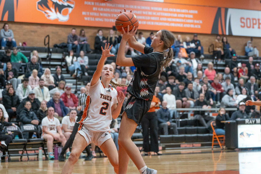 W.F. West&rsquo;s Izzy Teeter takes a shot during the Bearcats&rsquo; win over Centralia on Tuesday, Jan. 21.