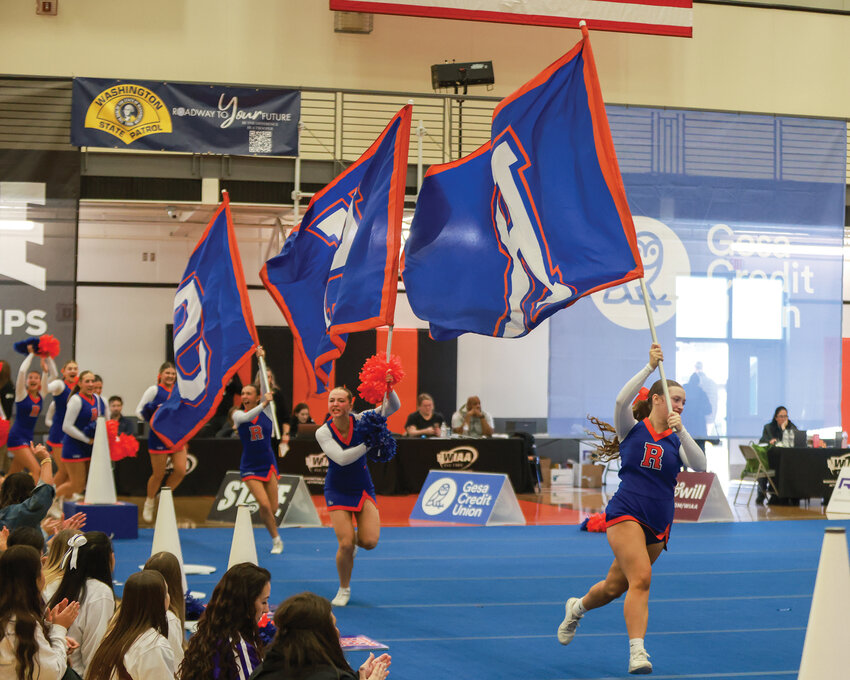 The Ridgefield Spudders cheer squad earns third place in the 1A/2A game day small category on Saturday, Jan. 25, during the 2025 Washington Interscholastic Activities Association State Cheer Championships at Battle Ground High School.
