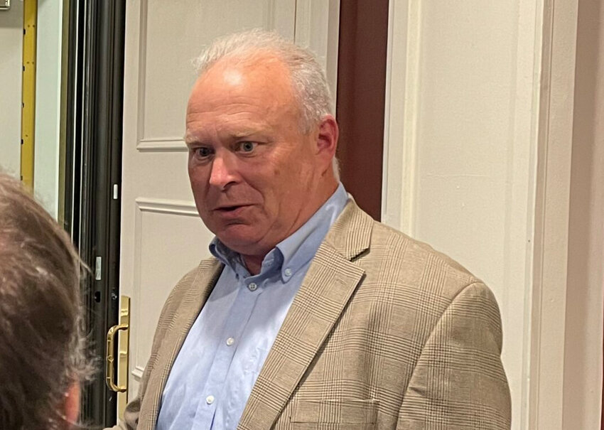 State Rep. Jim Walsh has been re-elected chair of Washington's Republican Party. He's shown here speaking to reporters when he won his first term in August 2023. (Jerry Cornfield/Washington State Standard)