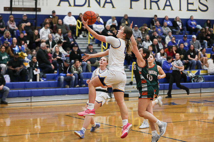 Adna's Karsyn Freeman goes up with her left for a layup during Adna's win over Morton-White Pass on Feb. 4.