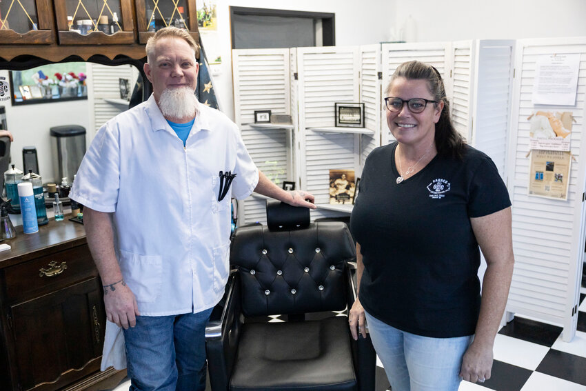 Owners Clem, left, and Odie Cilluffo pose for a photo in their business called the O&amp;C Barber and Esthetician in Chehalis on Wednesday, Feb. 5. The business is located at 3716 Jackson Highway.