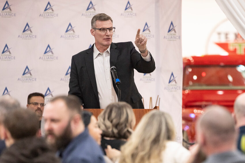 Centralia City Manager Michael Thomas speaks during the Economic Alliance of Lewis County&rsquo;s annual banquet at Jester Auto Museum in Chehalis on Friday, Feb. 7.