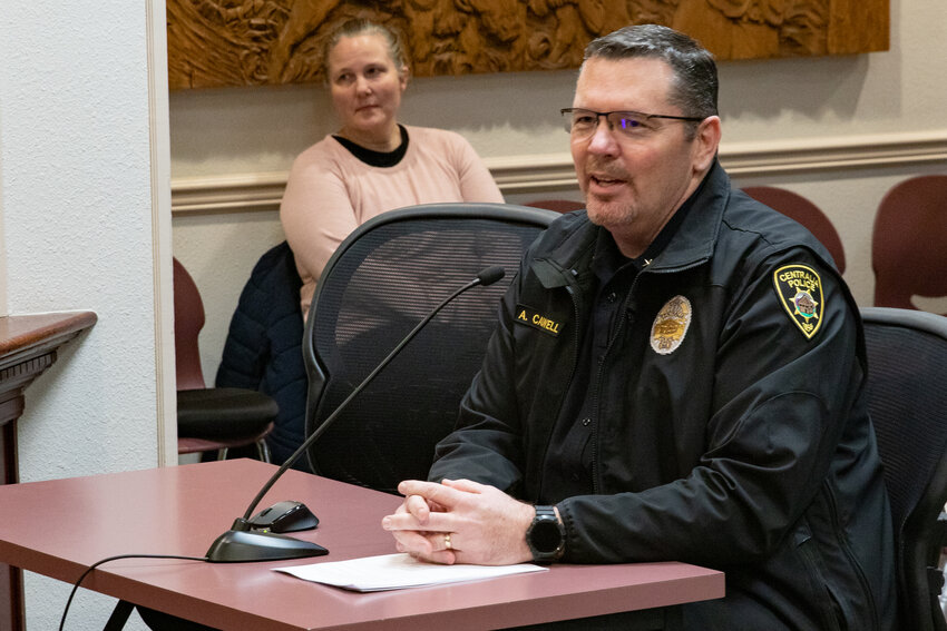 Newly promoted Centralia Police Chief Andy Caldwell speaks to the Centralia City Council on Tuesday, Feb. 11, during the council's regular meeting at Centralia City Hall.