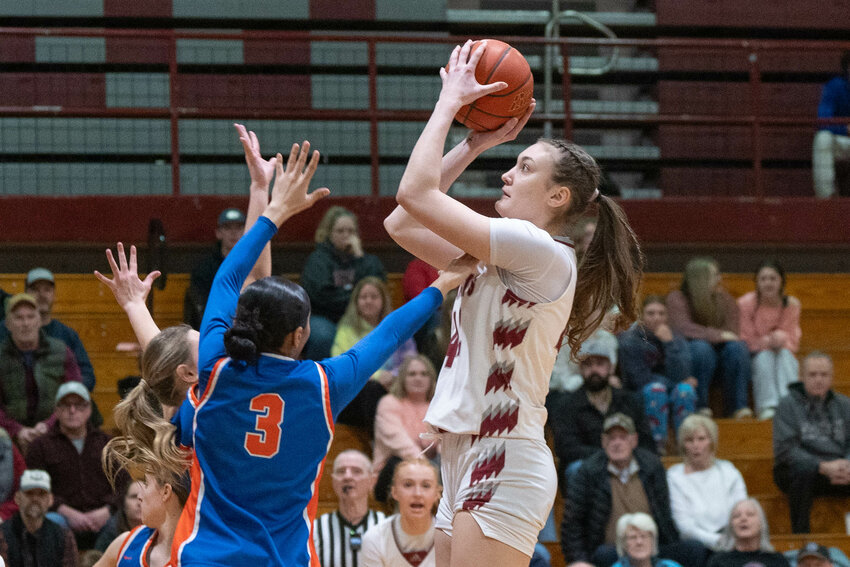 W.F. West&rsquo;s Julia Dalan takes a shot during the Bearcats&rsquo; win over Ridgefield on Friday, Feb. 14.