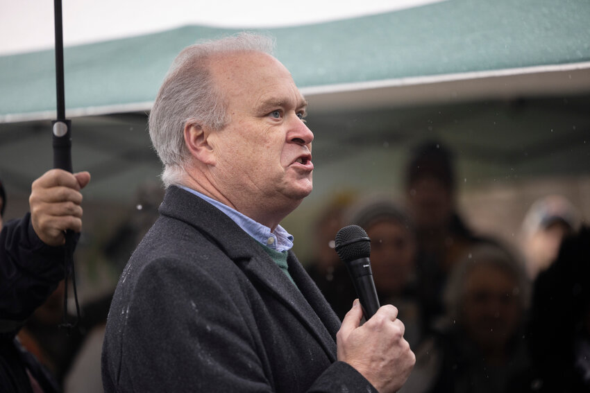 WAGOP Chairman and State Rep. Jim Walsh, R-Aberdeen, speaks to supporters during a rally parental rights, organized by Let&rsquo;s Go Washington, in front of the Capitol in Olympia on Saturday, Feb. 15.