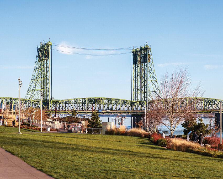 The draw-bridge span of the Interstate-5 Bridge is seen from the Vancouver Waterfront in January.
