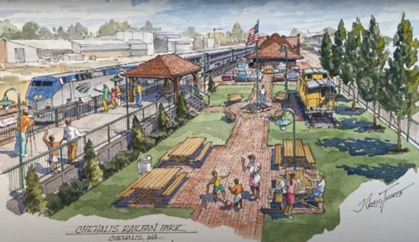 A concept rendering developed by Robert Scott and artist J. Craig Thorpe in 2022 envisions a fenced park with an Americans with Disabilities Act (ADA)-accessible covered platform area next to the tracks, a local historical photo interpretive display along the railing, a courtyard for small gatherings, a brick pathway to the Lewis County Historical Museum and space to display a historic caboose.