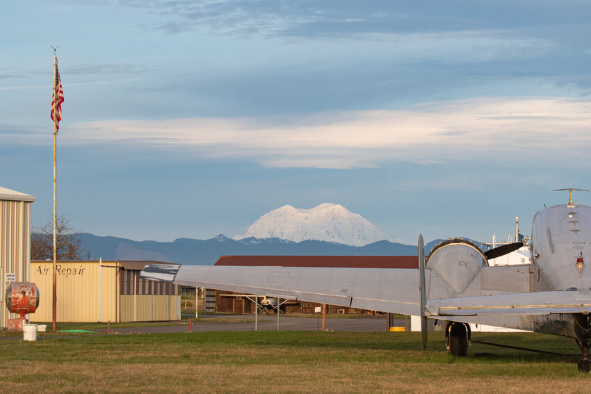 Mount Rainier towers on the horizon on Wednesday, Feb. 26, as seen from the South Lewis County Airport near Toledo.