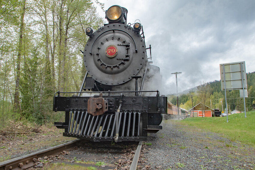 Constructed in 1922 by The Baldwin Locomotive Works in Philadelphia, the Polson 70 2-8-2 steam engine now carries passengers for the Mt. Rainier Scenic Railroad. It is pictured waiting to depart on Sunday, April 28, in Elbe.